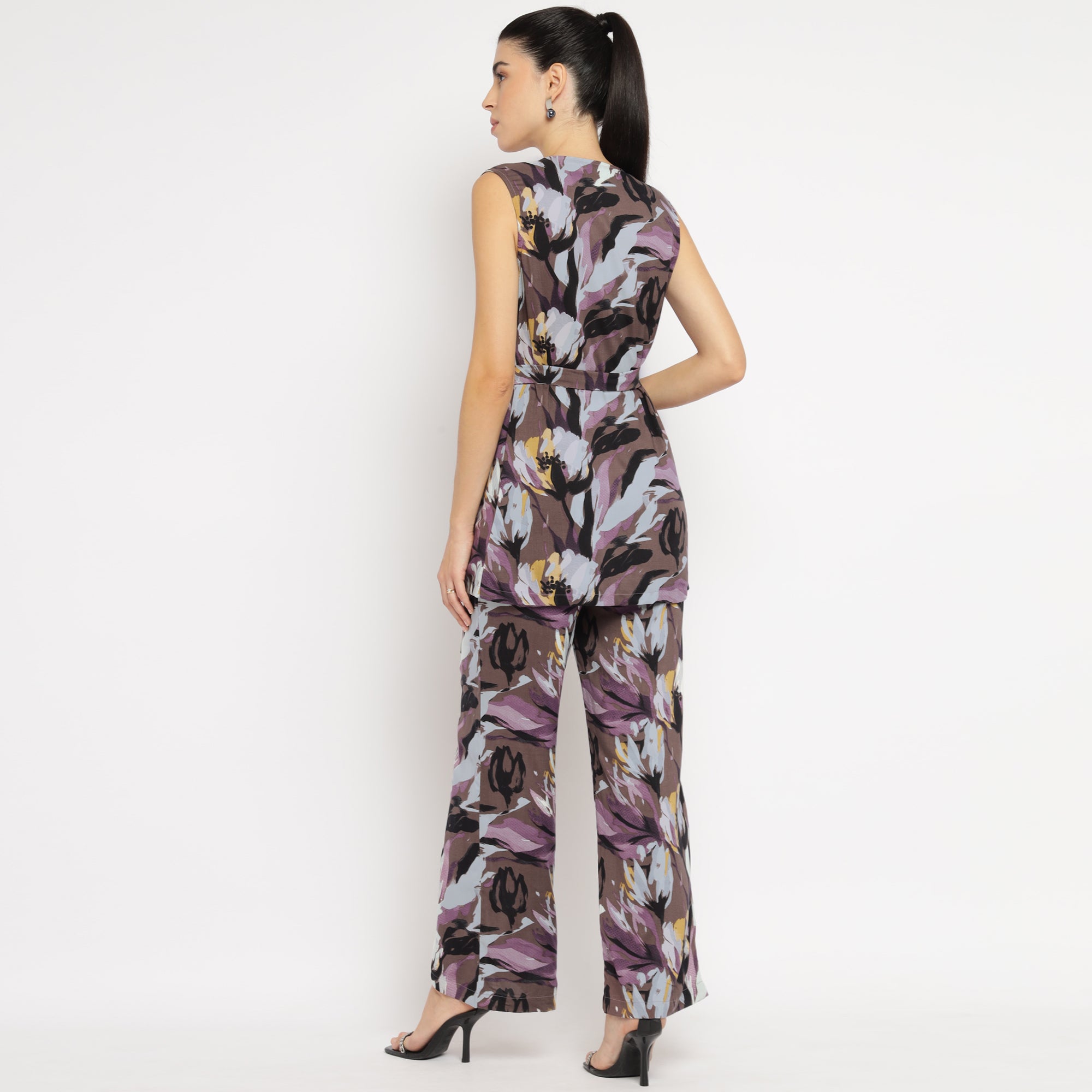 Purple Floral Sleeveless Belted Co-ord Set